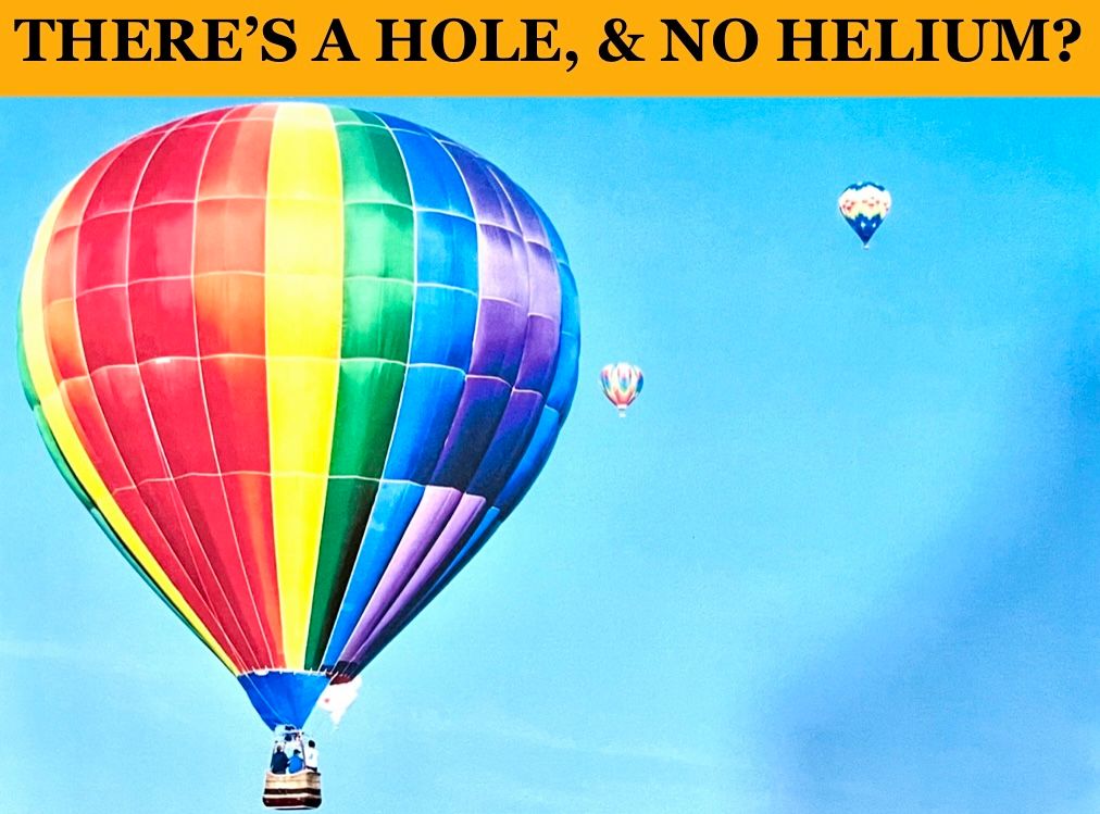 Dottie Dexter in a helium balloon with a hole in it. Sky, basket, air